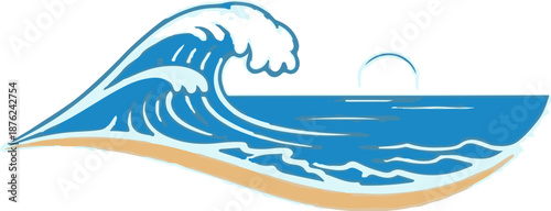 Stylized ocean wave crashing on a sandy beach at sunset