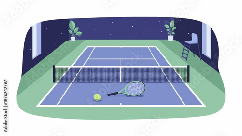 Stylized night tennis court with racket, ball, chair, and potted plants