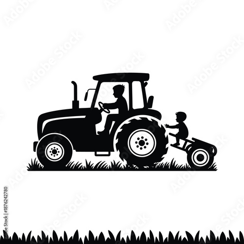 a man and a child on a tractor and a small atv