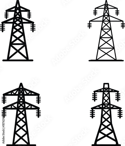 High voltage transmission towers, electric power pylons, energy grid infrastructure, utility line structures, electricity network system, flat vector illustration**