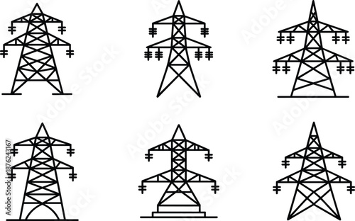 High Voltage Transmission Towers, Electrical Grid, Power Lines, Energy Infrastructure, Utility Poles, Vector Illustration