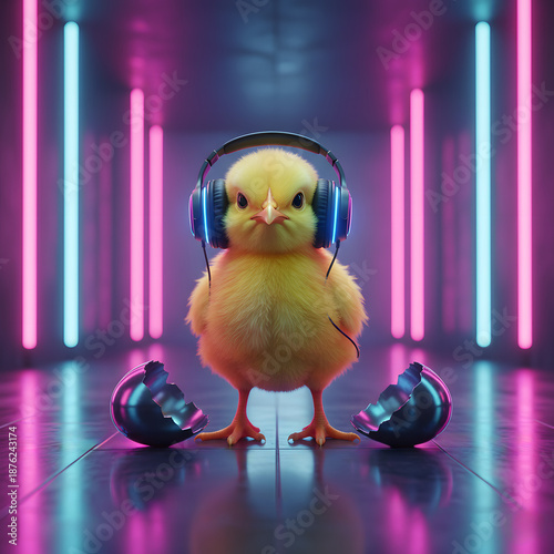 Techno easter chick with headphones and broken disco balls, neon electronic music concept