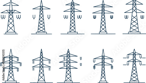 High Voltage Transmission Towers, Electrical Power Lines, Energy Infrastructure, Industrial Engineering, Vector Illustration, Grid Design, Pylons