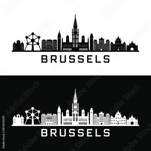 Brussels city skyline with iconic buildings and ferris wheel silhouette