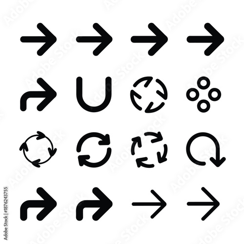 a collection of black and white arrows and circular symbols