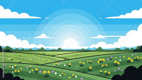 Sunset over Flowering Field with Green Grass and Yellow Flowers