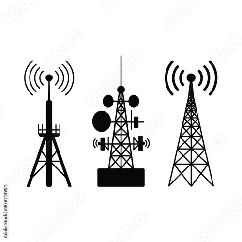 cell towers with signal waves emitting from them in black and white