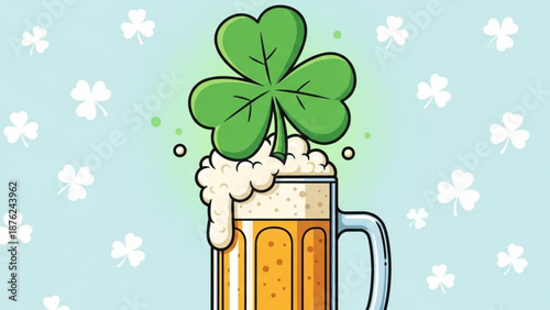 Green Four Leaf Clover in Beer Mug with Foam on Light Blue Background