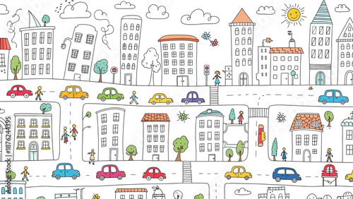 Vibrant cityscape with colorful buildings and cars