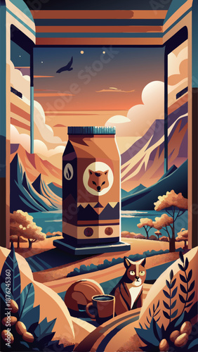 Creative coffee brand illustration featuring a fox logo on a package with a cat and coffee cup in a scenic mountain landscape background