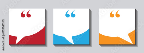 Quote card templates with speech bubble shapes isolated on white background. Colorful quotation mark designs for highlighting text and messages. Modern social media post elements for branding, blogs, 
