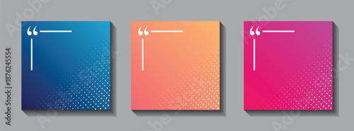 Colorful quote card templates set with gradient backgrounds. Square social media post frames featuring opening quotation marks for text highlights. Modern design elements for Instagram, blogs, 