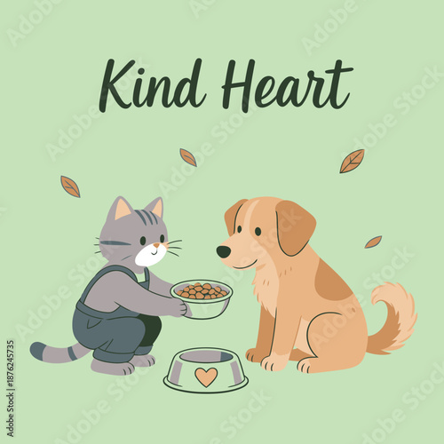 Heartwarming Illustration of a Kind Cat in Overalls Feeding a Golden Retriever Dog Showcasing Compassion Kindness and Friendship Between Pets in Gentle Cartoon Style