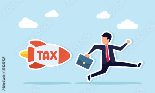 Businessman running to escape a rocket labeled tax illustration of tax collection for business companies that have not paid taxes