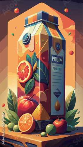 Premium fruit juice box packaging with realistic sliced oranges and apples, artistic botanical vector illustration for organic healthy beverage and grocery marketing