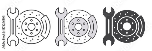 Brake repair icons. A collection of outline and solid illustrations.