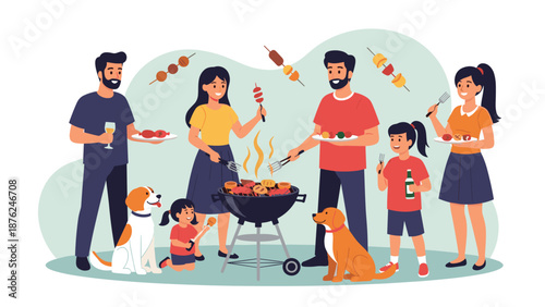 Happy family with two children and their pet dogs gathers around a charcoal grill for a summer backyard barbecue party with delicious food.