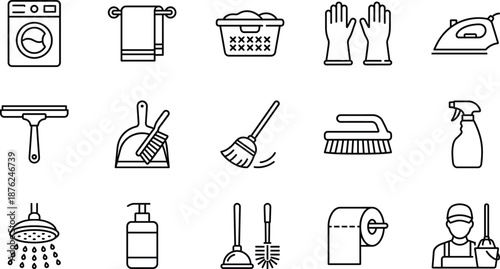 Black and White Vector Line Art Icon Set Featuring Cleaning and Housekeeping Services Including Washing Machine Iron Spray Bottle Maid Plunger and Bathroom Supplies