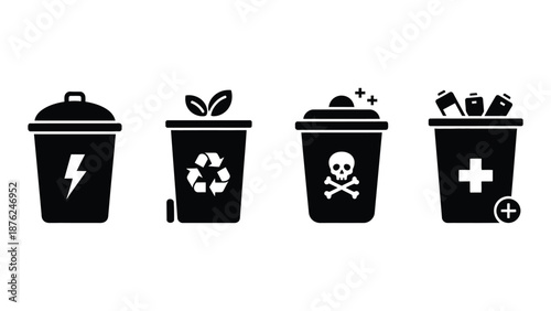 A set of trash cans with different symbols on them for recycling and waste management