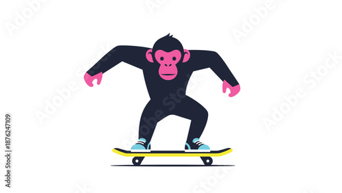 Cool monkey wearing sneakers balances skillfully on a yellow and black skateboard while preparing to perform a trick against a white background.