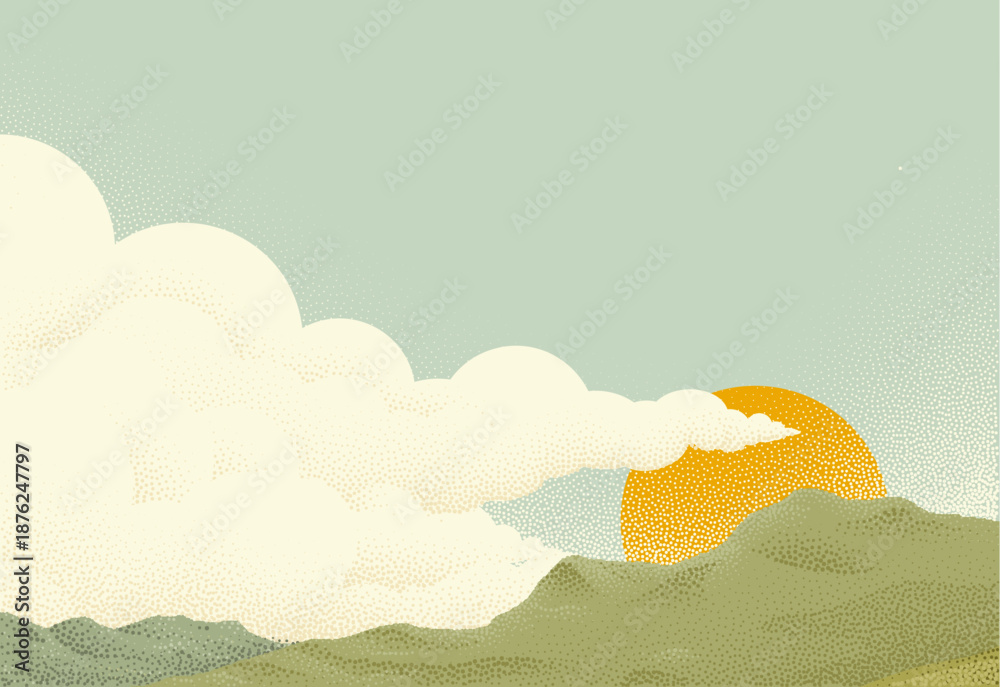 Obraz premium Sun and clouds sky over a mountain range. Original illustration of the sun rising with clouds in the sky in a vintage dots pointillism retro style
