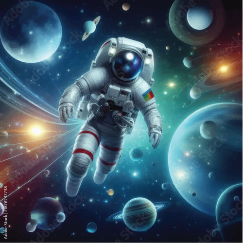 Astronaut in Space Suit Floating Among Planets 1.