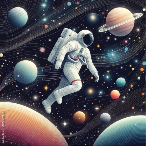 Astronaut in Space Suit Floating Among Planets.
