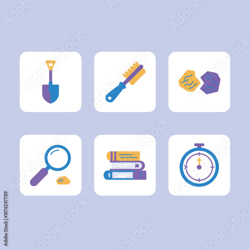 Archaeology and discovery icon set featuring shovel brush fossils magnifying glass books and compass icons for education science and exploration themes