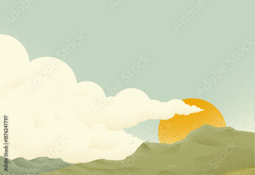Sun and clouds sky over a mountain range. Original illustration of the sun rising with clouds in the sky in a vintage dots pointillism retro style