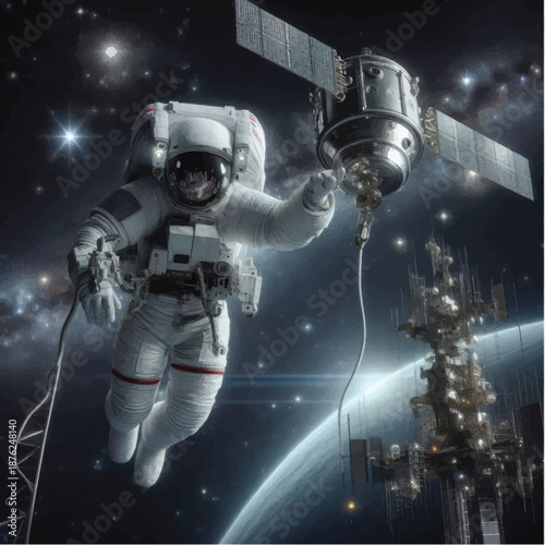 Astronaut in Space Suit Floating Near Satellite.