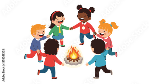 Group of happy and diverse children holding hands and dancing in a circle around a warm glowing campfire at a summer camp or outdoor event.