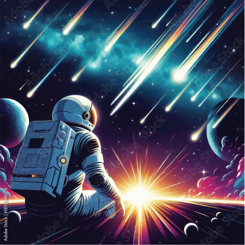 Astronaut in Space Suit Watching Meteor Shower.