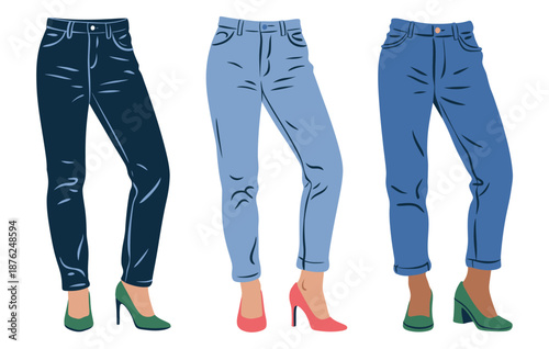 Three pairs of women's legs wearing different colored jeans and high heels on a white background