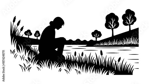A serene silhouette of a person sitting by a peaceful lake