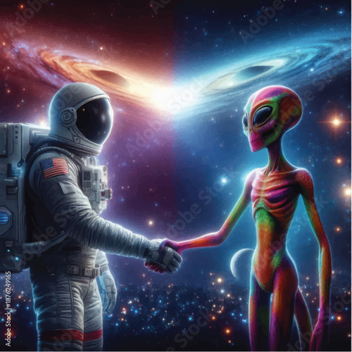 Astronaut Shaking Hands with Alien Being.
