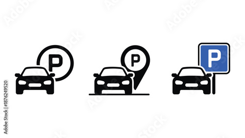 A set of parking icons featuring cars and signs with a letter P