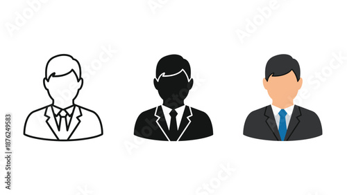 Set of three businessman avatar icons outline, solid silhouette and colored profile illustration representing user profile, employee, or professional contact