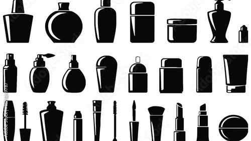A collection of black silhouettes of various cosmetic products and tools