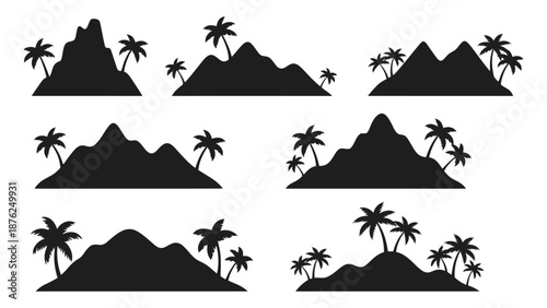 A collection of black silhouettes of tropical islands with palm trees