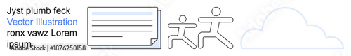 Collaboration, information sharing, digital storage, teamwork, online learning, connectivity. Minimalist icons of a document, two figures and a cloud. Collaboration and digital storage concept
