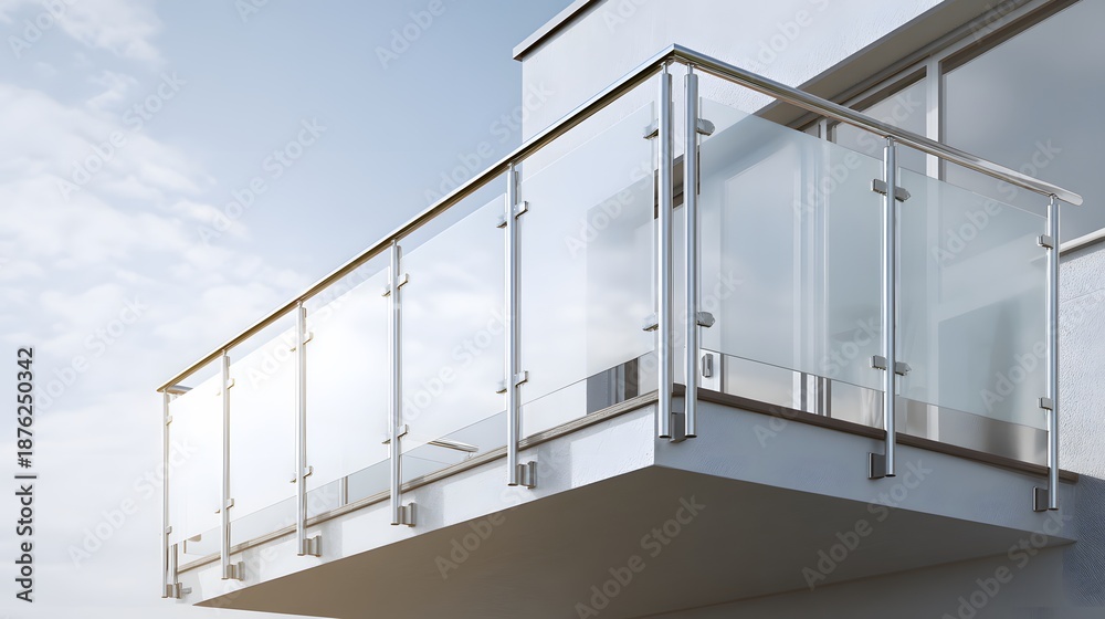 Fototapeta premium Modern Balcony with Glass Railing and Stainless Steel Accents on a Sunny Day: Architecture, Design, and Outdoor Living for Contemporary Homes and Apartments