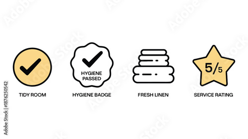 A graphic illustration of hotel room amenities and service ratings