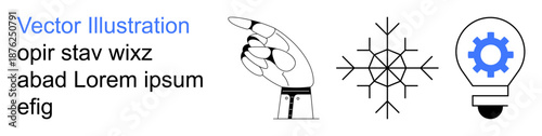 Technology, artificial intelligence, innovation, robotics, mechanics, creative solutions. Robotic hand pointing, snowflake shape and light bulb with gear symbol. Technology and innovation concepts