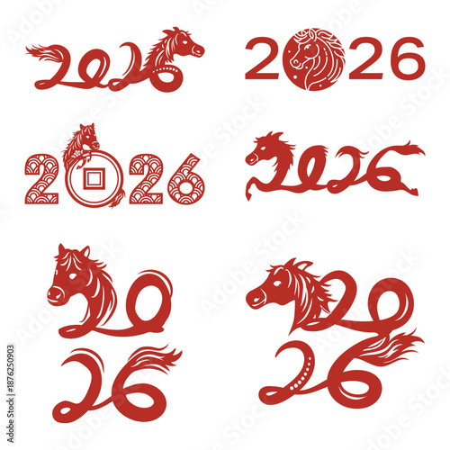 2026 New Year typography set with horse symbol. Vector red number calligraphy for Chinese zodiac festival greeting card