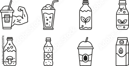 Black silhouette icons of various drink containers including a water bottle, beer mug, wine glass, cocktail glass, milk carton, coffee cup, and soda can.
