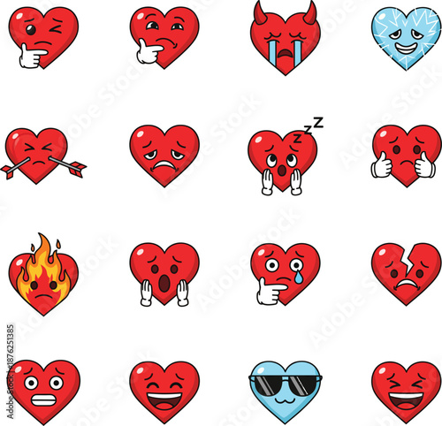 Collection of diverse heart emojis showcasing a wide range of emotions and expressions, including love, sadness, anger, and joy, perfect for digital communication and personalization