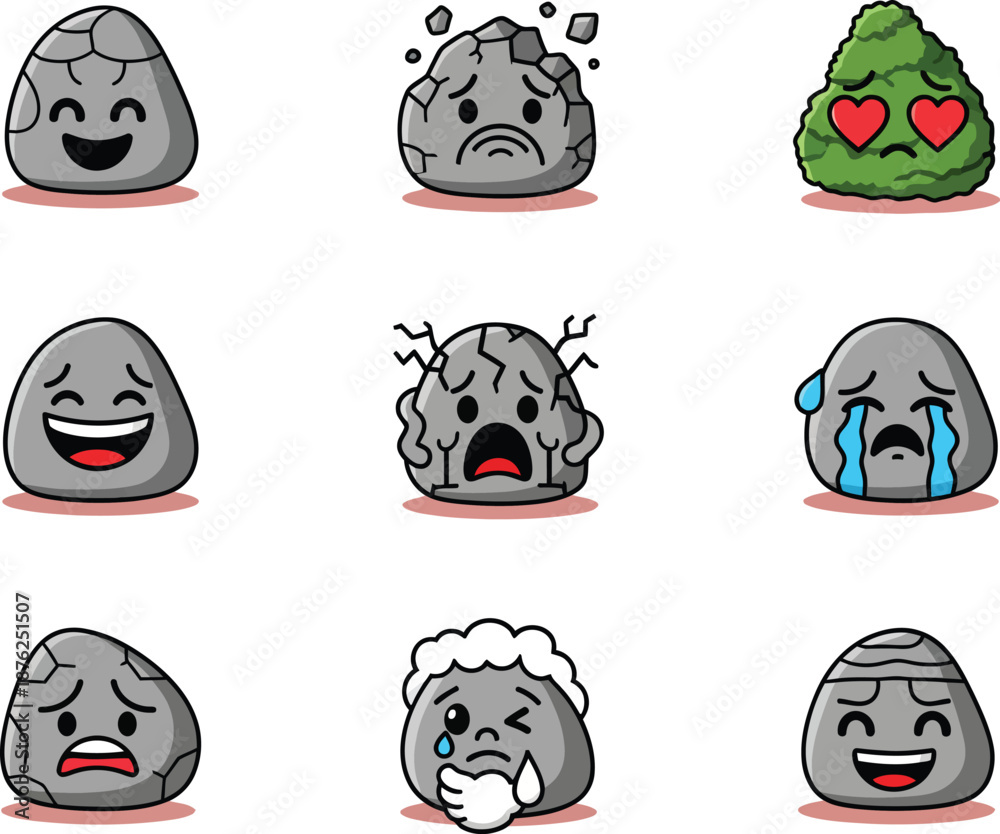 Fototapeta premium Charming cartoon rock character set, each displaying unique emotions and expressive faces, illustrating happiness, sadness, anger, and love for playful designs and emotional communication