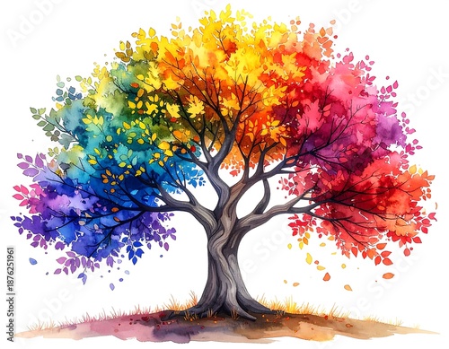 Colorful tree painted with rainbow leaves and brown branches, sitting atop gentle grass