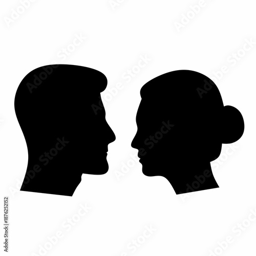 Vector silhouette of a man and a woman looking at each other, on a white background.