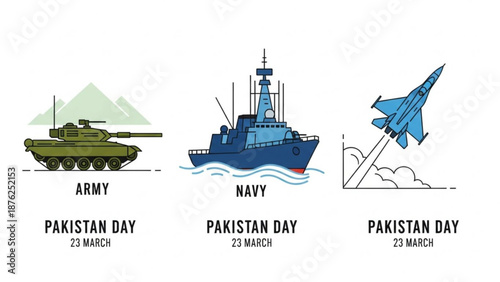 Pakistan Day Military Icons Featuring Army Tank, Navy Ship, and Air Force Jet on 23 March